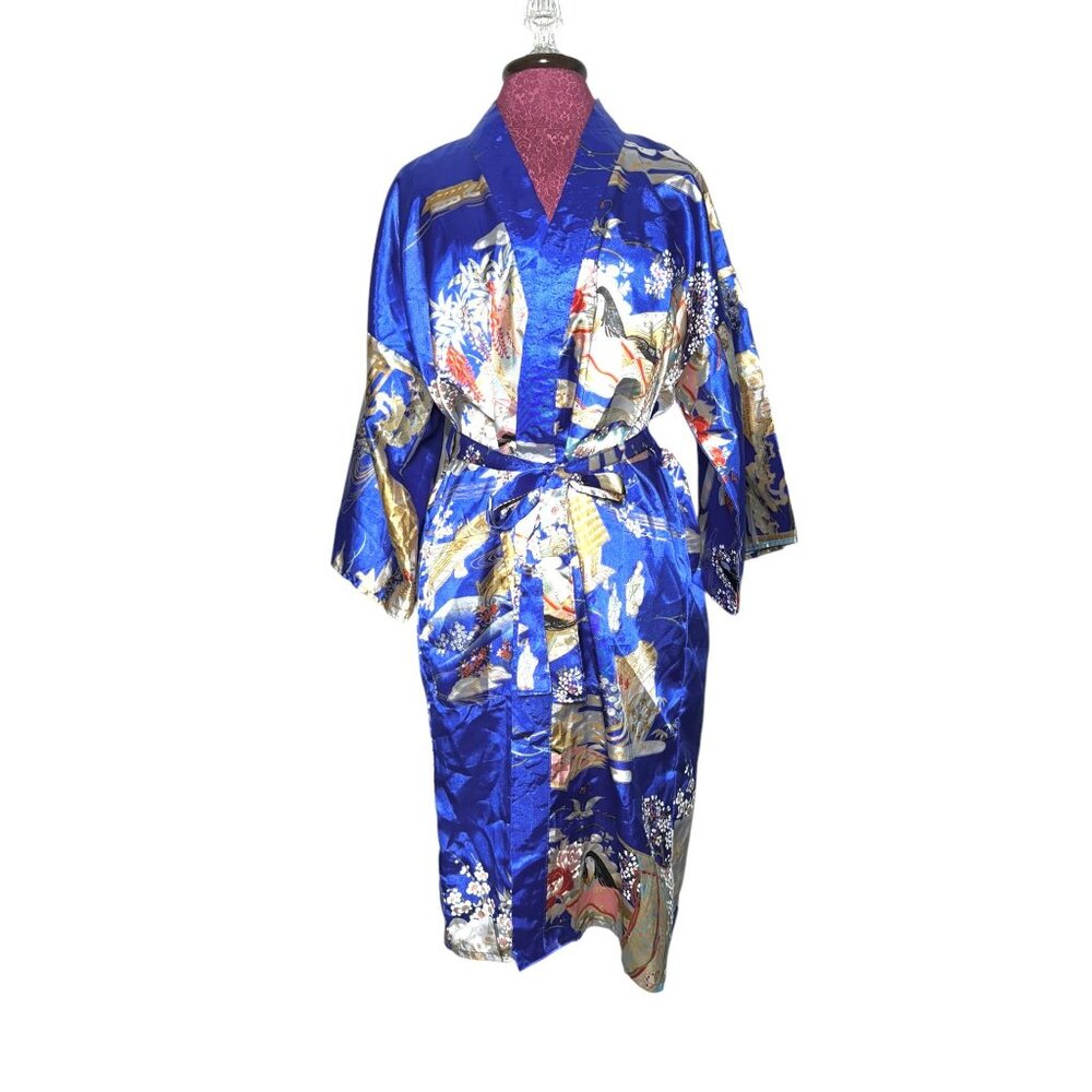 Vintage Ichi Ban Japanese Kimono Robe With Scenic Print & Tie Belt - Size 42